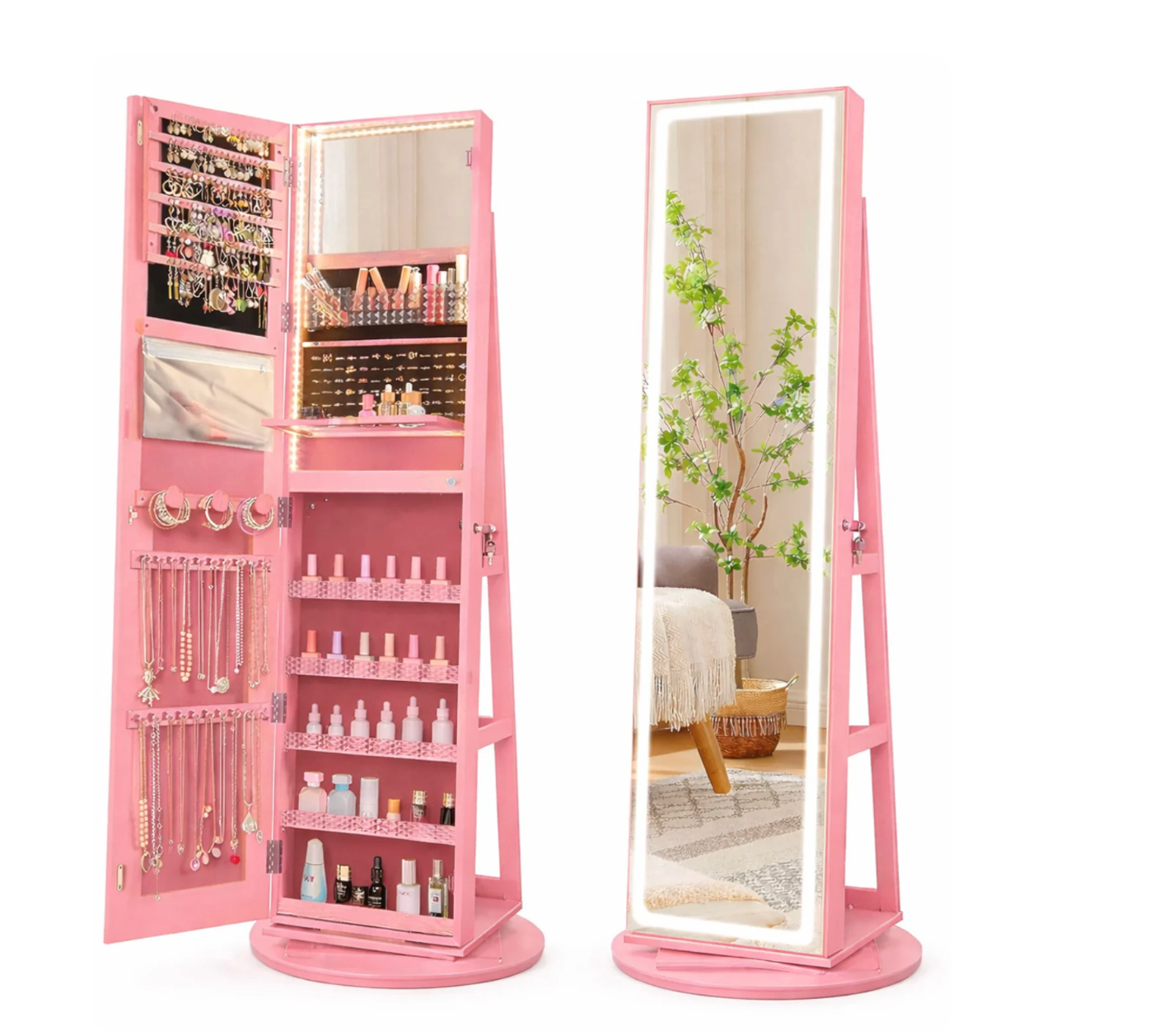 Floor-standing jewellery cabinet with LED mirror, 360° rotating organiser 😍