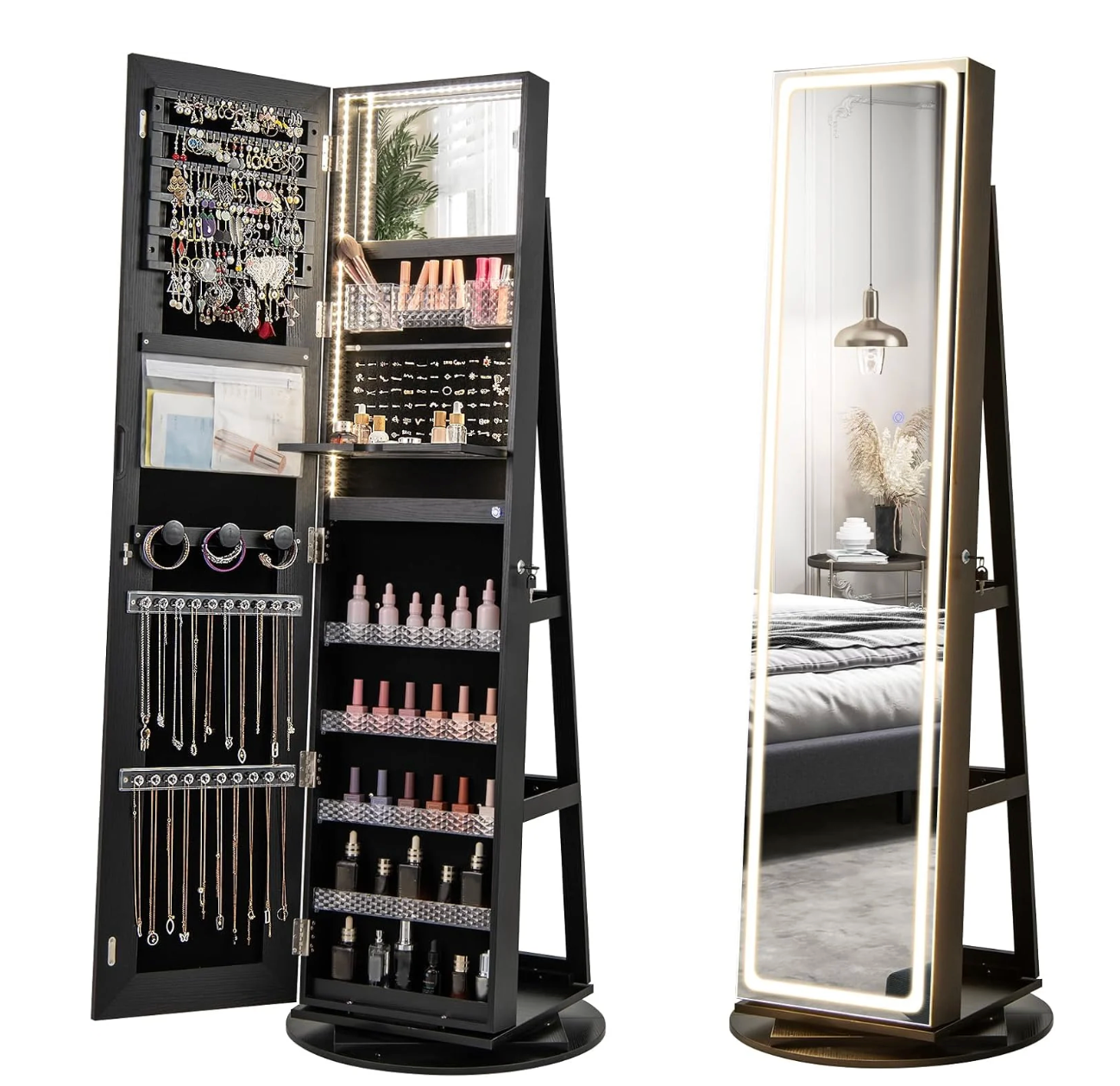 Floor-standing jewellery cabinet with LED mirror, 360° rotating organiser 😍