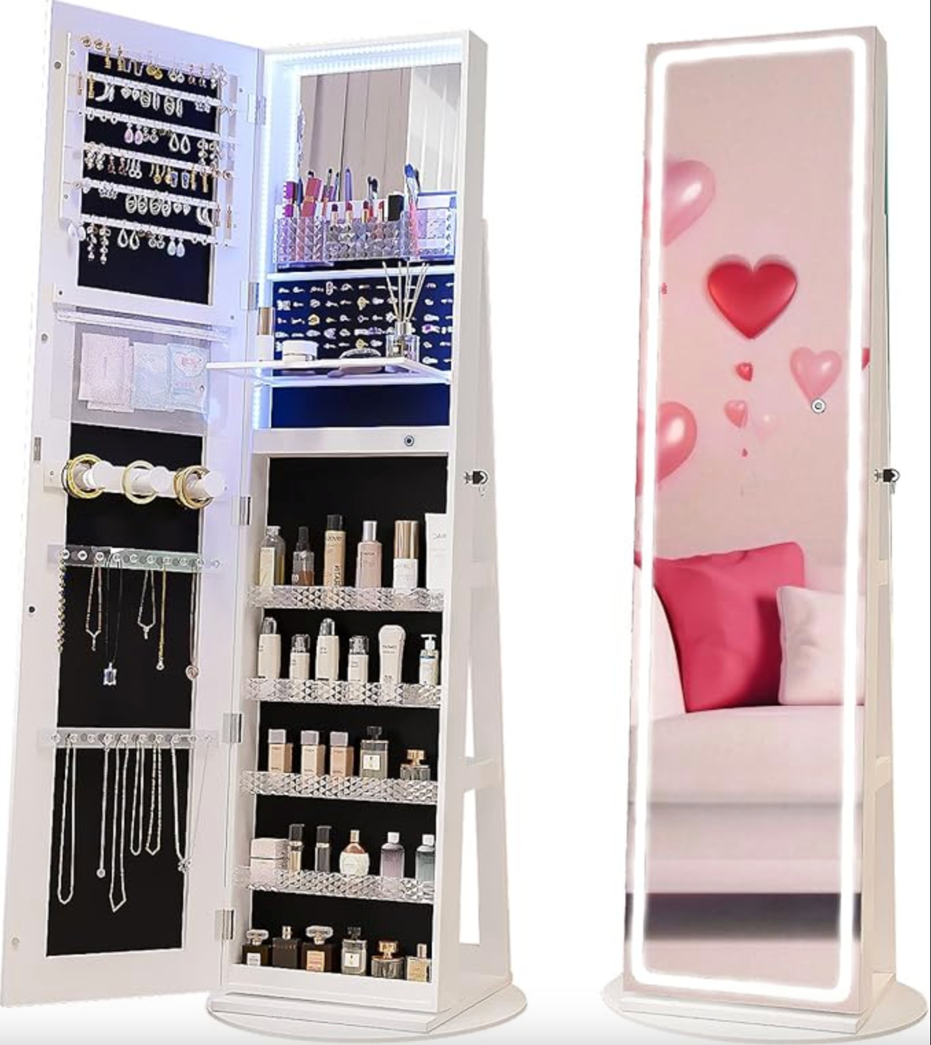 Floor-standing jewellery cabinet with LED mirror, 360° rotating organiser 😍