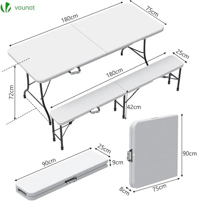 Folding table and 2 white benches set 180x75x72cm