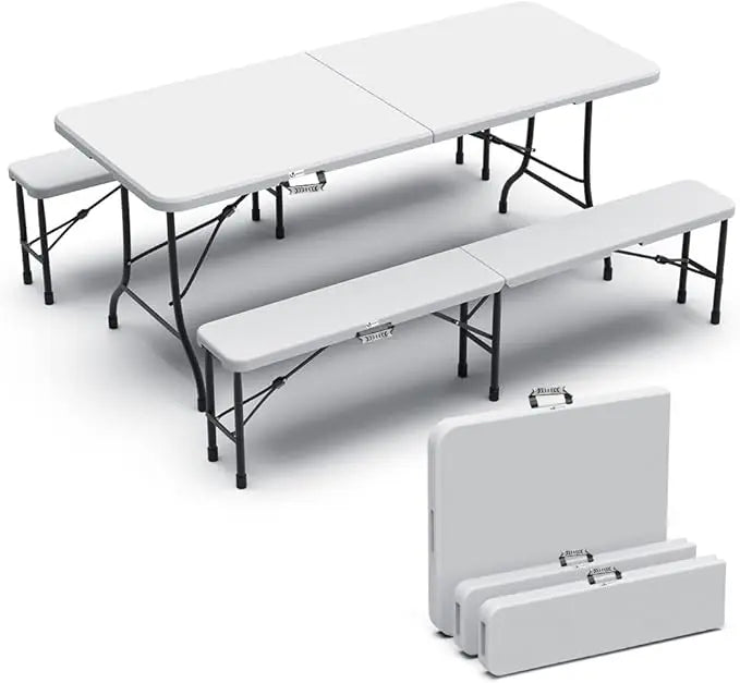Folding table and 2 white benches set 180x75x72cm