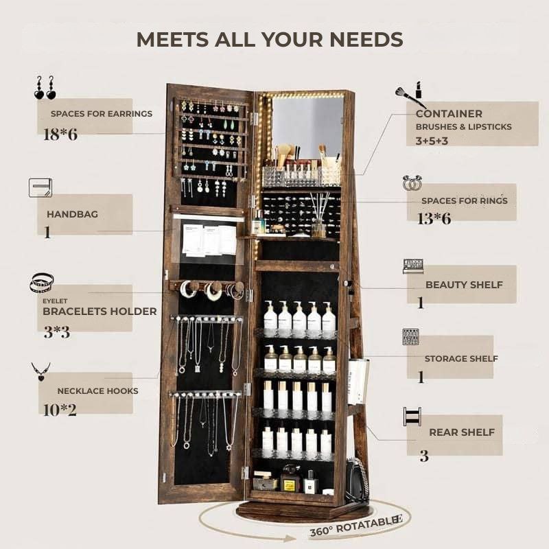Floor-standing jewellery cabinet with LED mirror, 360° rotating organiser 😍