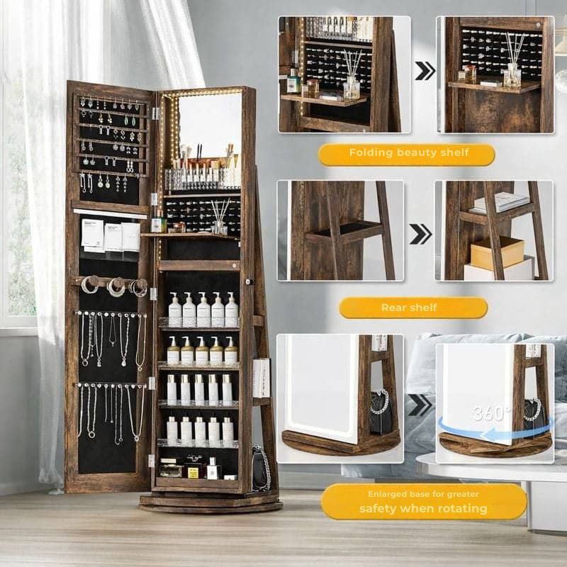 Floor-standing jewellery cabinet with LED mirror, 360° rotating organiser 😍