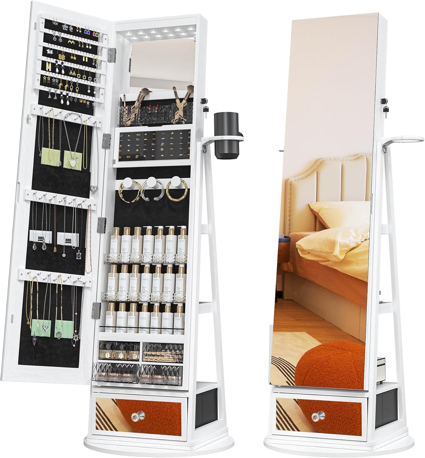 Floor-standing jewellery cabinet with LED mirror, 360° rotating organiser 😍