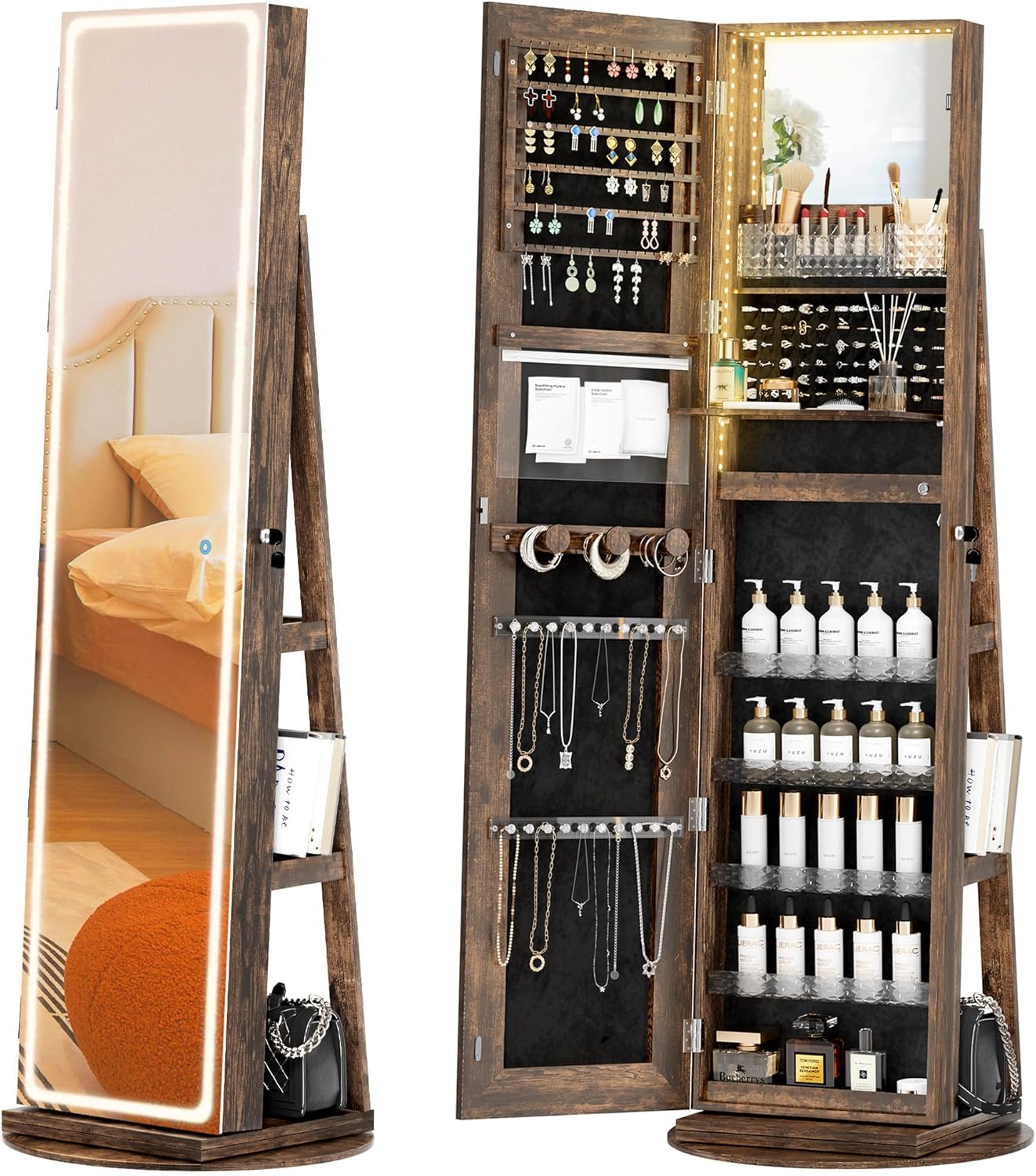 Floor-standing jewellery cabinet with LED mirror, 360° rotating organiser 😍